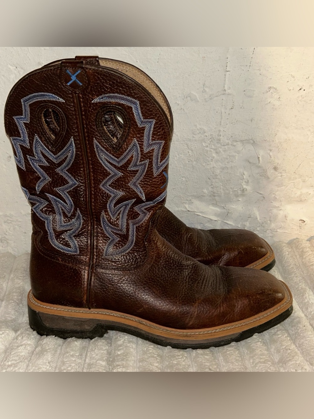 Twisted X Brown Leather square toe Western Boots with Blue Stitching